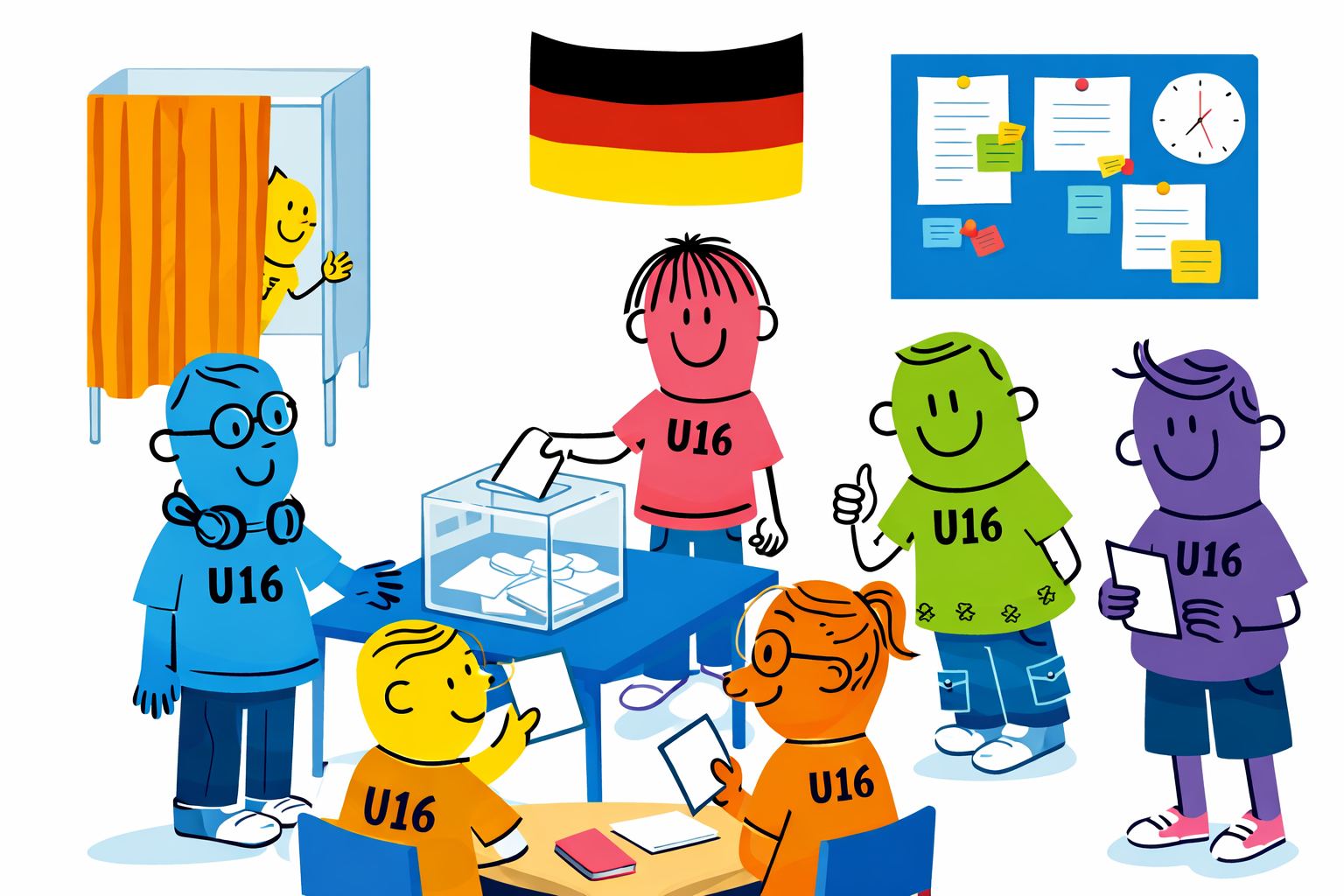 Illustrative Szene im bunten, reduzierten Farbkonzept: Mehrere Kinder und Jugendliche unter 16 Jahren befinden sich in einem Wahllokal. Einige stehen an einem Tisch mit einer transparenten Wahlurne und werfen Stimmzettel ein, andere halten ihre Wahlzettel in der Hand. Im Hintergrund ist eine Wahlkabine mit Vorhang sowie eine Pinnwand mit Notizen zu sehen. Die Figuren sind in unterschiedlichen kräftigen Farben gestaltet (blau, rot, gelb, grün, lila, orange) und tragen teilweise „U16“-Shirts. Die Atmosphäre wirkt spielerisch, partizipativ und demokratisch.