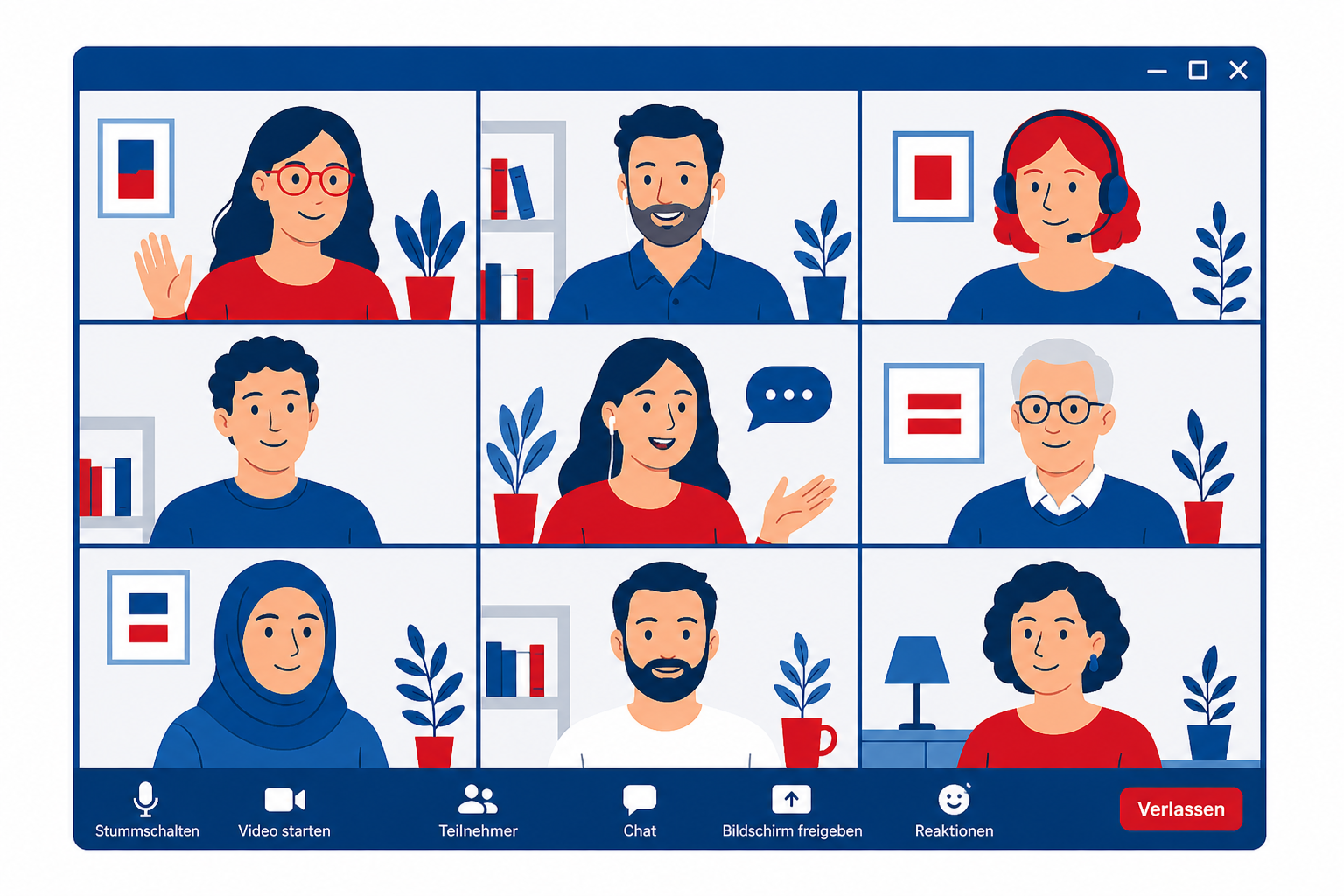 Stilisierte Illustration eines Video-Calls im Blau-, Rot- und Weiß-Farbschema: Mehrere Teilnehmende sind in einer Rasteransicht wie bei einem Zoom-Meeting angeordnet. Die Personen sind divers dargestellt und befinden sich jeweils in eigenen Bildkacheln. Einige sprechen, andere hören zu oder winken. Unten ist eine typische Menüleiste mit Symbolen für Mikrofon, Kamera, Chat und Bildschirmfreigabe zu sehen. Die Szene vermittelt digitale Zusammenarbeit und Austausch.