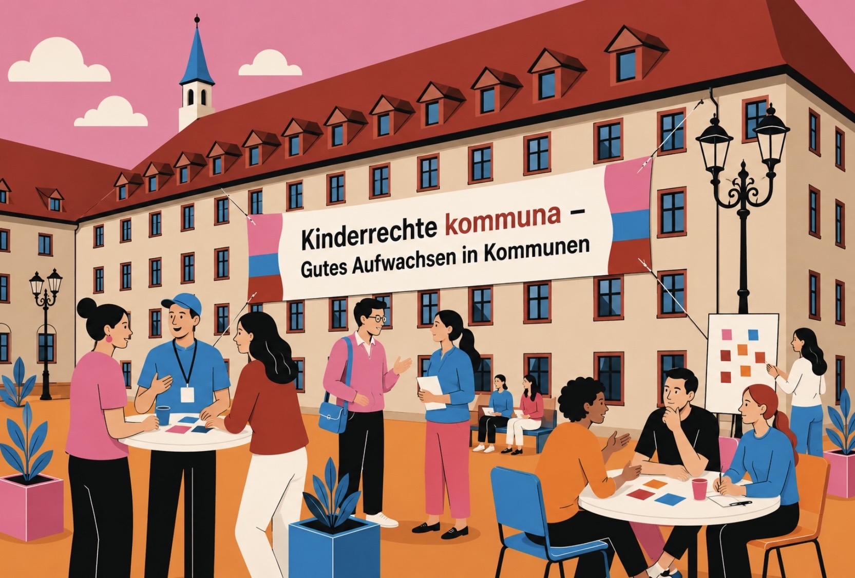 Stilisierte Szene in kräftigen Pink-, Blau-, Rot-, Orange- und Beigetönen: Im Innenhof eines historischen Gebäudes treffen sich mehrere Menschen in kleinen Gruppen zu einer Tagung über Kinderrechte. Einige stehen an Stehtischen und diskutieren, andere sitzen zusammen an runden Tischen mit Notizen und Karten. Über dem Hof hängt ein großes Banner mit der Aufschrift „Kinderrechte kommuna – Gutes Aufwachsen in Kommunen“. Alle Farben des Designs sind gleichmäßig über Kleidung, Gebäude, Himmel, Pflanzen und Möbel verteilt, wodurch ein ausgewogenes und lebendiges Gesamtbild entsteht.