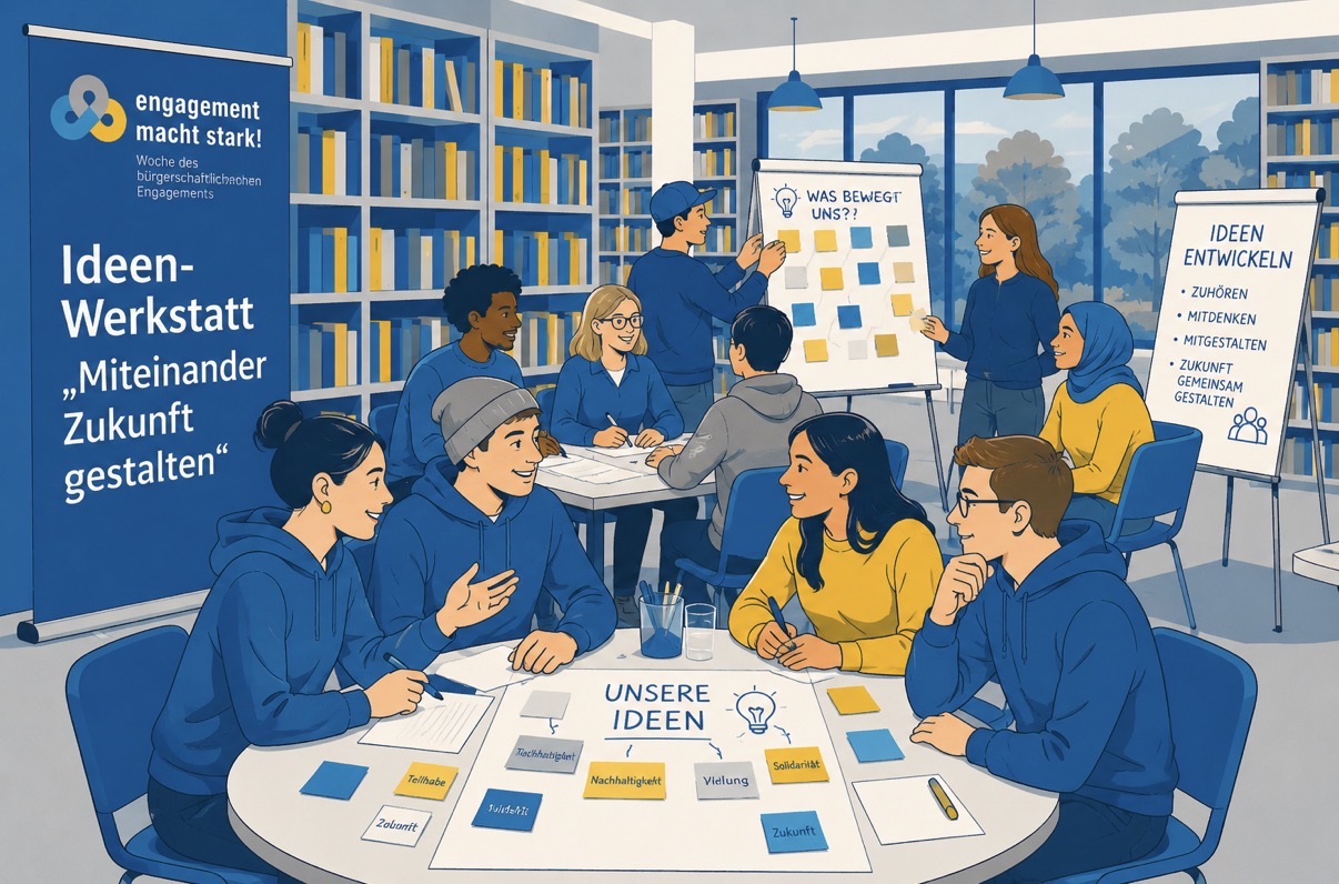 Illustrative Szene in Blau-, Gelb- und Weißtönen: In einem hellen Bibliotheksraum mit großen Bücherregalen sitzen mehrere Jugendliche und junge Erwachsene an Tischen zusammen und arbeiten gemeinsam in einer Ideen-Werkstatt. Einige diskutieren, andere schreiben Notizen oder kleben Karten an Moderationswände. Auf Stellwänden und Postern stehen Begriffe wie „Ideen-Werkstatt“ und „Zukunft gestalten“. Die Atmosphäre wirkt kreativ, offen und gemeinschaftlich.