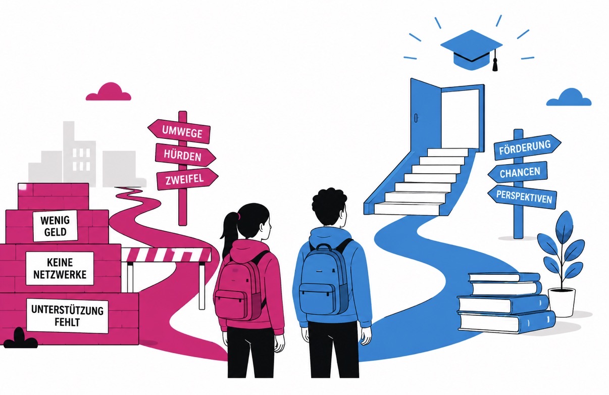 Grafische Illustration in Weiß, Schwarz, Cyanblau und Magenta: Zwei Jugendliche mit Rucksäcken stehen vor zwei unterschiedlichen Bildungswegen. Der linke Weg in Magenta ist voller Hürden und Barrieren, dargestellt durch Mauern, Absperrungen und Wegweiser. Der rechte Weg in Blau führt offen und stufenartig zu einer Tür mit einem Abschluss-Symbol darüber. Die Szene symbolisiert ungleiche Bildungschancen abhängig von sozialen Voraussetzungen und Unterstützungsmöglichkeiten.