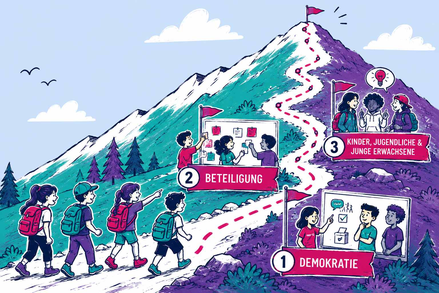 Stilisierte Illustration eines großen Berges mit einem geschwungenen Wanderweg, auf dem Kinder und Jugendliche gemeinsam Richtung Gipfel wandern. Entlang der Strecke liegen drei interaktive Wanderstationen. An der ersten Station „Demokratie“ diskutieren Jugendliche vor einer Tafel mit Symbolen für Wahlen, Mitbestimmung und Austausch. An der zweiten Station „Beteiligung“ sammeln sie gemeinsam Ideen auf einer Pinnwand und ordnen Moderationskarten. An der dritten Station „Kinder, Jugendliche & junge Erwachsene“ tauscht sich eine Gruppe auf Augenhöhe aus und entwickelt gemeinsam neue Ideen. Der Weg führt weiter bis zu einer Fahne auf dem Gipfel. Die Illustration ist in kräftigen Türkis-, Magenta-, Violett- und Weißtönen gehalten und vermittelt den Eindruck einer gemeinsamen Reise, bei der demokratische Bildung und Beteiligung Schritt für Schritt entdeckt und erlebt werden.