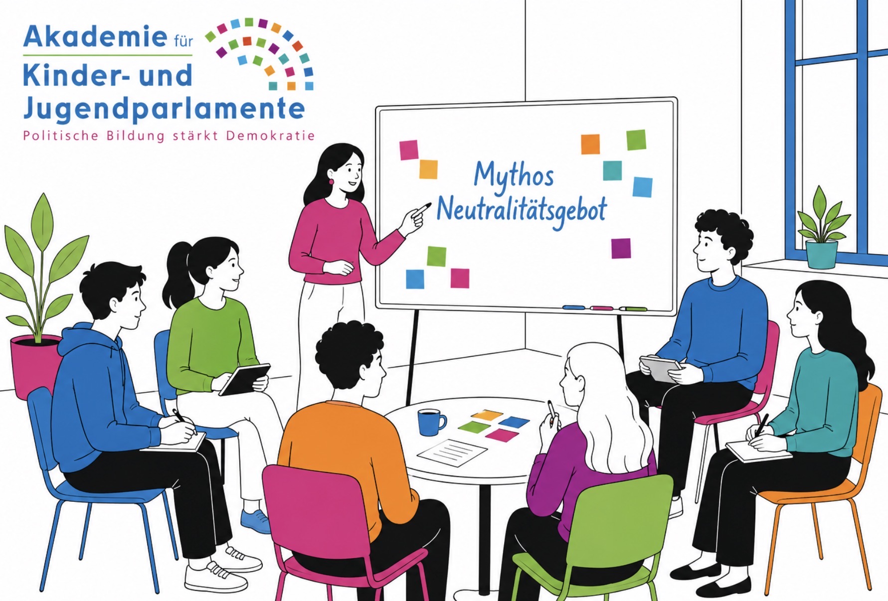 Stilisierte Workshop-Szene in kräftigen Blau-, Grün-, Pink-, Türkis-, Orange- und Violetttönen: Eine Beratungsgruppe sitzt in einem hellen Seminarraum im Kreis um einen kleinen Tisch. In der Mitte des Raumes steht eine Person vor einem Whiteboard und moderiert die Diskussion. Auf dem Whiteboard steht deutlich „Mythos Neutralitätsgebot“, umgeben von bunten Moderationskarten. Die Teilnehmenden hören aufmerksam zu, machen sich Notizen oder beteiligen sich am Gespräch. Stühle, Kleidung, Pflanzen und weitere Gestaltungselemente greifen die verschiedenen Farben des Logos gleichmäßig auf. Die Atmosphäre wirkt offen, dialogorientiert und fachlich konzentriert.