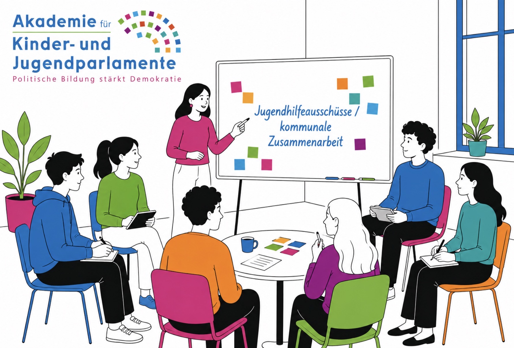 Stilisierte Workshop-Szene in kräftigen Blau-, Grün-, Pink-, Türkis-, Orange- und Violetttönen: Eine Beratungsgruppe sitzt in einem hellen Seminarraum im Kreis um einen kleinen Tisch. Eine Moderatorin steht vor einem Whiteboard und führt durch die Diskussion. Auf dem Whiteboard steht „Jugendhilfeausschüsse / kommunale Zusammenarbeit“, umgeben von bunten Moderationskarten. Die Teilnehmenden hören aufmerksam zu, machen Notizen auf Tablets oder Papier und beteiligen sich am Austausch. Stühle, Kleidung, Pflanzen und weitere Raumelemente greifen die Farben des Logos gleichmäßig auf. Die Szene vermittelt Zusammenarbeit, kommunale Vernetzung und gemeinsame Strategien für Kinder- und Jugendbeteiligung.