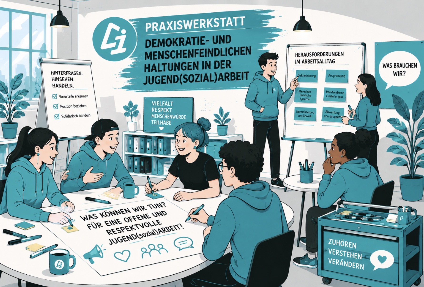 Illustrative Praxiswerkstatt in Türkis-, Weiß- und Schwarztönen: In einem hellen Workshopraum arbeiten mehrere Jugendliche und Fachkräfte gemeinsam an Strategien gegen demokratie- und menschenfeindliche Haltungen in der Jugend(sozial)arbeit. Einige diskutieren an einem großen Arbeitstisch, andere beschriften Moderationskarten oder präsentieren Ergebnisse an Pinnwänden. Auf Plakaten und Tafeln stehen Begriffe wie Respekt, Vielfalt, Menschenwürde und Teilhabe. Eine Person stellt Herausforderungen aus dem Arbeitsalltag vor, während andere Lösungsideen sammeln. Die Gestaltung erinnert an eine echte Werkstatt mit Arbeitsmaterialien, Werkzeugwagen und mobilen Arbeitsstationen. Die Atmosphäre wirkt aktiv, lösungsorientiert und kooperativ.