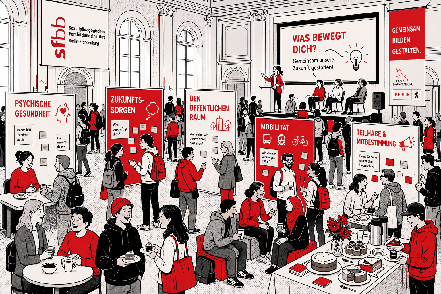 Comicartige Illustration eines großen historischen Altbausaals mit hohen Decken, Säulen und Rundbogenfenstern. Der Saal ist als offener Begegnungsraum gestaltet und voller Menschen, die sich austauschen, diskutieren und gemeinsam an verschiedenen Themen arbeiten. Im Mittelpunkt stehen mehrere Themenstationen mit großen Stellwänden zu „Psychische Gesundheit“, „Zukunftssorgen“, „Öffentlicher Raum“, „Mobilität“ sowie „Teilhabe & Mitbestimmung“. Besucher*innen lesen Informationen, schreiben Gedanken auf Moderationskarten und kommen miteinander ins Gespräch. Im hinteren Bereich hält eine Person auf einer Bühne einen Vortrag, während das Publikum aufmerksam zuhört. Im Vordergrund sitzen kleine Gruppen an Tischen, trinken Kaffee, essen Kuchen und unterhalten sich. Ein Buffet mit verschiedenen Kuchen und Getränken lädt zum Verweilen ein. Die Illustration ist in einem grafischen Comicstil mit klaren schwarzen Konturen und einer auf Rot, Weiß, Schwarz und Grautöne reduzierten Farbpalette gestaltet. Die Szene vermittelt eine lebendige, offene Veranstaltung mit vielen Möglichkeiten zum Austausch, Mitdenken und Mitgestalten.