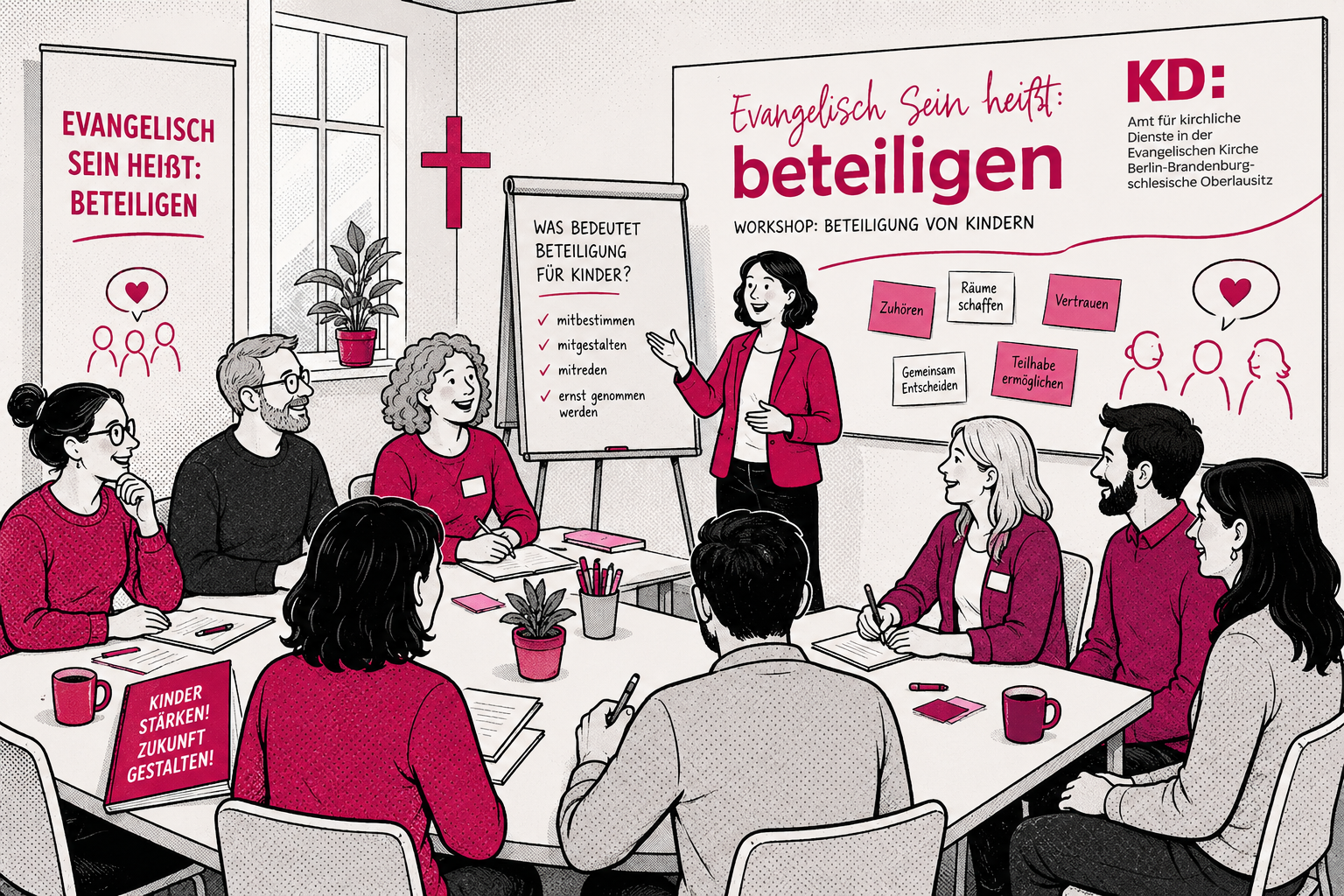 Comicartige Illustration eines hellen Seminarraums, in dem eine Gruppe erwachsener Teilnehmender einen Workshop zum Thema Beteiligung von Kindern durchführt. Die Teilnehmenden sitzen in kleinen Gruppen an Tischen, diskutieren miteinander, machen sich Notizen und hören einer Person zu, die vorne am Flipchart präsentiert. An den Wänden hängen Plakate und ein großes Workshop-Board mit dem Thema „Beteiligung von Kindern“. Ein Kreuz an der Wand weist auf den evangelischen Kontext der Veranstaltung hin. Moderationskarten, Stifte, Notizblöcke und Kaffeetassen liegen auf den Tischen und schaffen eine konzentrierte, zugleich offene Arbeitsatmosphäre. Die Illustration ist im grafischen Comicstil mit klaren schwarzen Konturen gestaltet und verwendet überwiegend kräftige Magenta-, Rot-, Weiß-, Schwarz- und Grautöne. Die Szene vermittelt gemeinsames Lernen, Austausch und die Entwicklung von Ideen zur Beteiligung von Kindern.