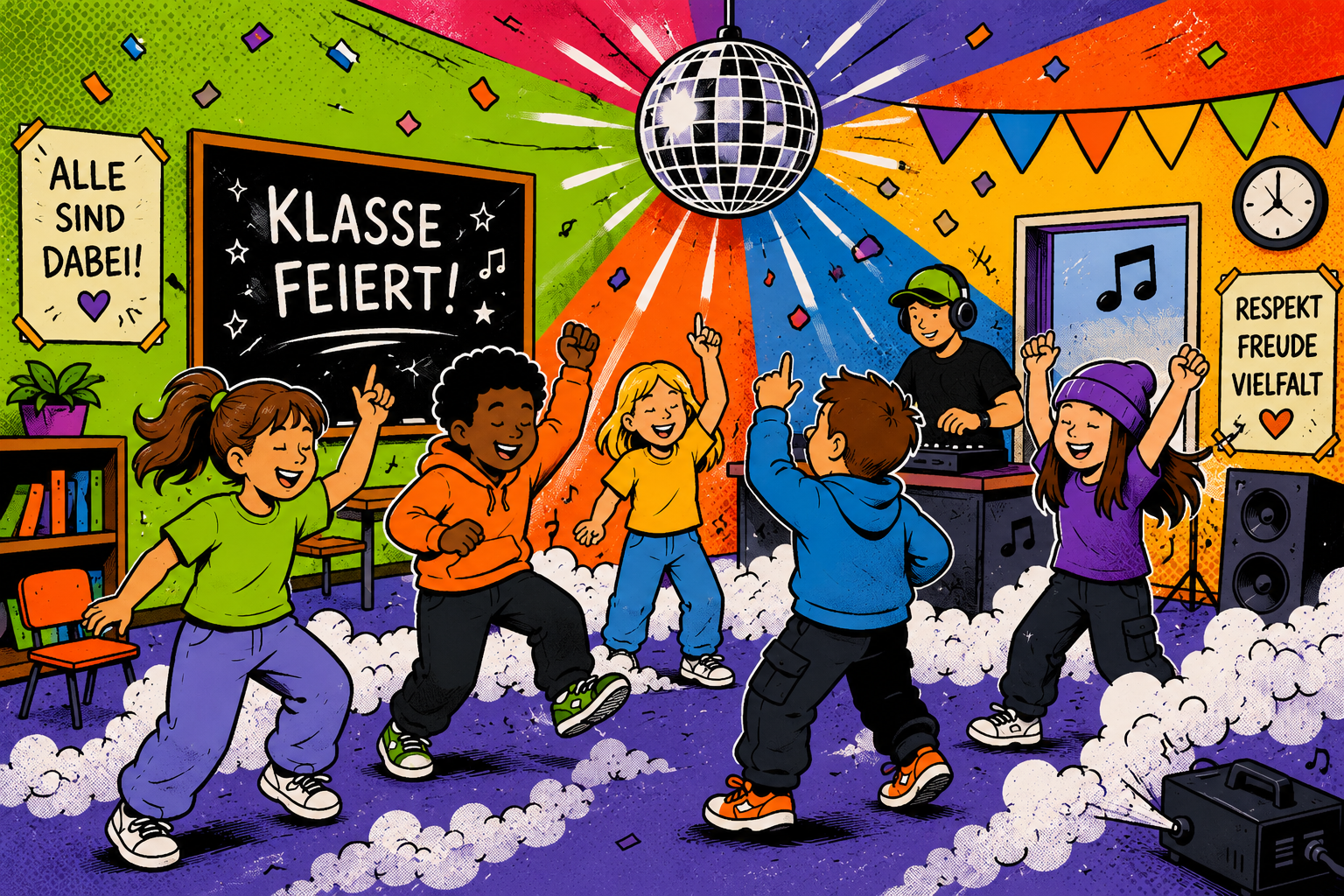 Comicartige Illustration eines festlich geschmückten Klassenzimmers in den Farben Weiß, Hellgrün, Anthrazit, Orange, Gelb, Hellblau und Violett. Mehrere Kinder tanzen lachend und ausgelassen in der Raummitte. Über ihnen hängt eine große Discokugel, deren Lichtstrahlen den Raum in die verschiedenen Farbbereiche tauchen. Eine Nebelmaschine am Boden erzeugt dichte Nebelschwaden, die sich zwischen den tanzenden Kindern ausbreiten. Im Hintergrund sorgt ein DJ-Pult mit Musik für Partystimmung. Bunte Wimpelketten und Konfetti schmücken den Raum. An der Tafel steht „Klasse feiert!“, daneben hängen Plakate mit Botschaften wie „Alle sind dabei!“ sowie „Respekt – Freude – Vielfalt“. Die Illustration vermittelt eine fröhliche, inklusive Klassenparty mit ausgelassener Tanzstimmung.