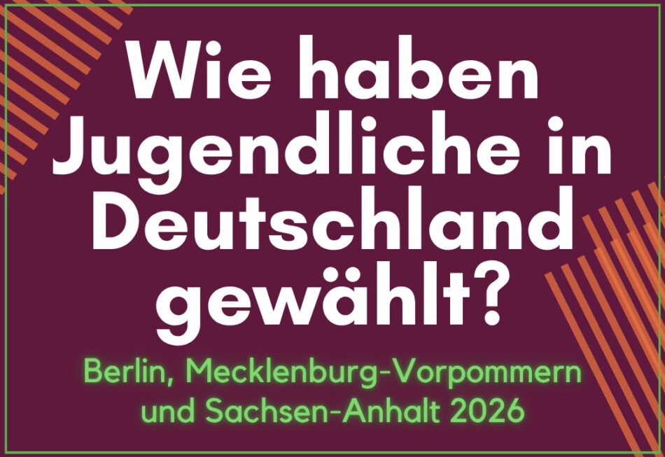 auf dunkelrotem Hintergrund steht geschrieben "Wie haben Jugendliche in Deutschland gewählt? Berlin, Mecklenburg-Vorpommern und Sachsen-Anhalt 2026"