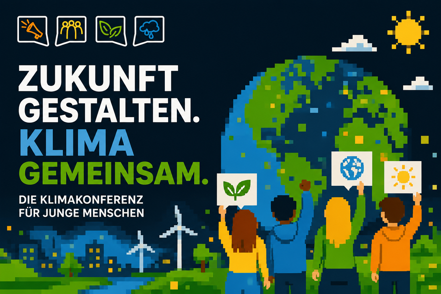 Pixelart-Cover einer Klimakonferenz für junge Menschen. Vor dunkelblauem Hintergrund steht der Titel „ZUKUNFT GESTALTEN. KLIMA GEMEINSAM.“ in Weiß, Blau und Grün. Darunter steht „DIE KLIMAKONFERENZ FÜR JUNGE MENSCHEN“. Eine stilisierte Erde, Windräder, Bäume und eine Stadtlandschaft sowie mehrere junge Menschen mit Klimaschutz-Plakaten symbolisieren gemeinsames Engagement für den Klimaschutz. Am oberen Rand sind Symbole für Austausch, Natur, Umwelt und Klima zu sehen.