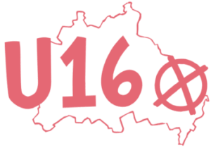 Auf der Silhouette von Berlin steht "U16" mit einem angekreuztem Kreis daneben, was für Wahl für alle unter 16 jährigen symbolisieren soll.