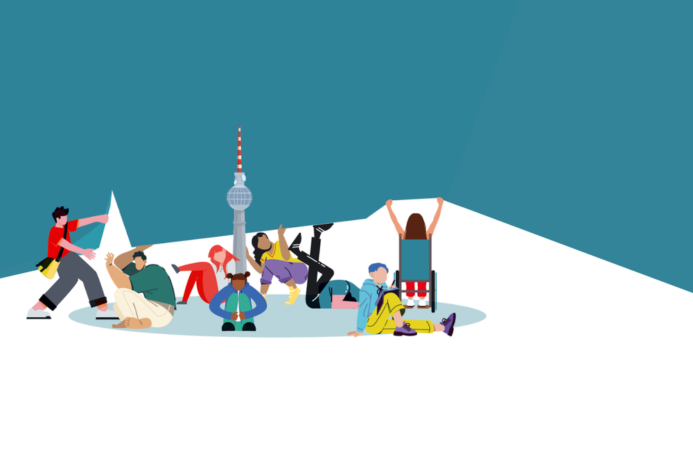 Illustration mit acht jungen Menschen vor dem Berliner Fernsehturm, die gemeinsam eine weiße Fläche anheben